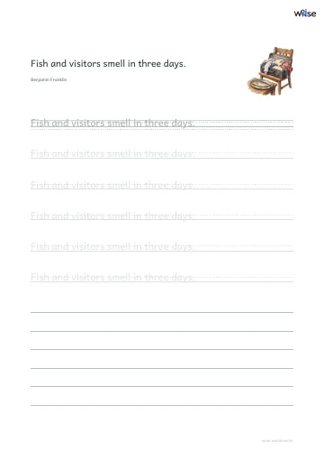 영어 따라쓰기 PDF 첫 페이지: Fish and visitors smell in three days.