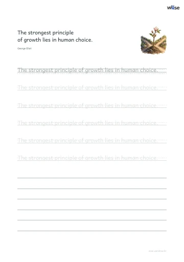 영어 따라쓰기 PDF 첫 페이지: The strongest principle of growth lies in human choice.