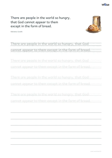영어 따라쓰기 PDF 첫 페이지: There are people in the world so hungry, that God cannot appear to them except in the form of bread.