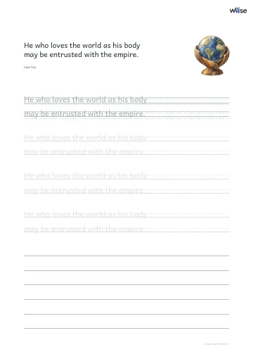 영어 따라쓰기 PDF 첫 페이지: He who loves the world as his body may be entrusted with the empire.