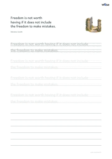영어 따라쓰기 PDF 첫 페이지: Freedom is not worth having if it does not include the freedom to make mistakes.