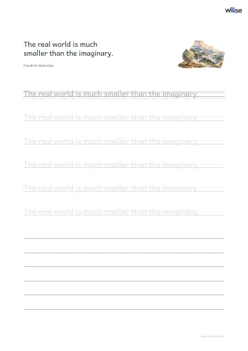 영어 따라쓰기 PDF 첫 페이지: The real world is much smaller than the imaginary.