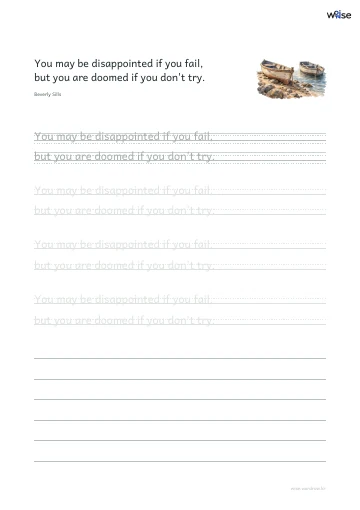 영어 따라쓰기 PDF 첫 페이지: You may be disappointed if you fail, but you are doomed if you don't try.