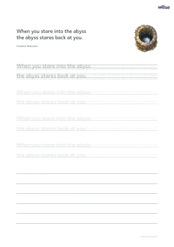 영어 따라쓰기 PDF 첫 페이지: When you stare into the abyss the abyss stares back at you.