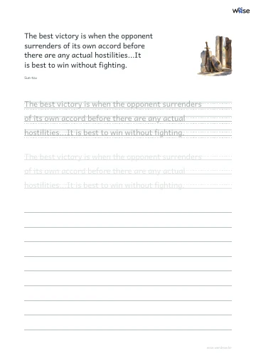 영어 따라쓰기 PDF 첫 페이지: The best victory is when the opponent surrenders of its own accord before there are any actual hostilities...It is best to win without fighting.