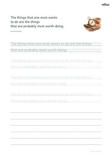 영어 따라쓰기 PDF 첫 페이지: The things that one most wants to do are the things that are probably most worth doing.