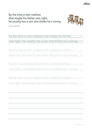 영어 따라쓰기 PDF 첫 페이지: By the time a man realizes that maybe his father was right, he usually has a son who thinks he's wrong.