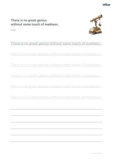 영어 따라쓰기 PDF 첫 페이지: There is no great genius without some touch of madness.