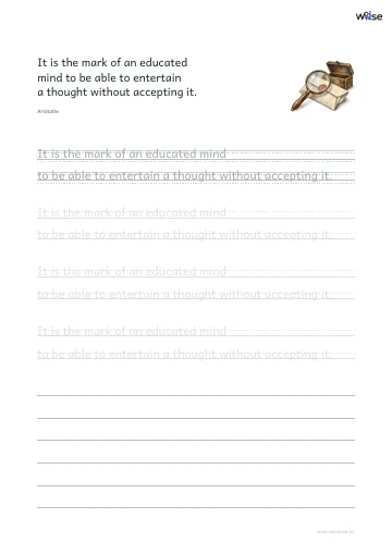 영어 따라쓰기 PDF 첫 페이지: It is the mark of an educated mind to be able to entertain a thought without accepting it.