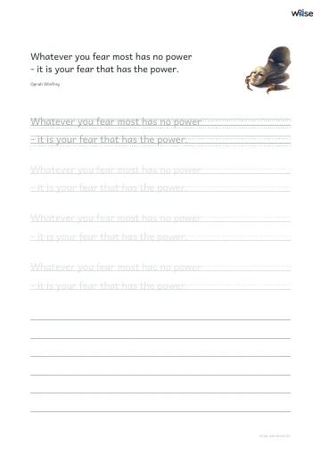 영어 따라쓰기 PDF 첫 페이지: Whatever you fear most has no power - it is your fear that has the power.