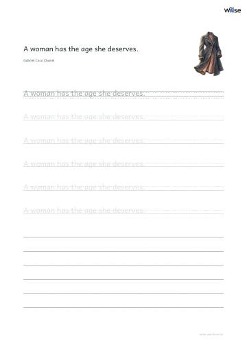 영어 따라쓰기 PDF 첫 페이지: A woman has the age she deserves.