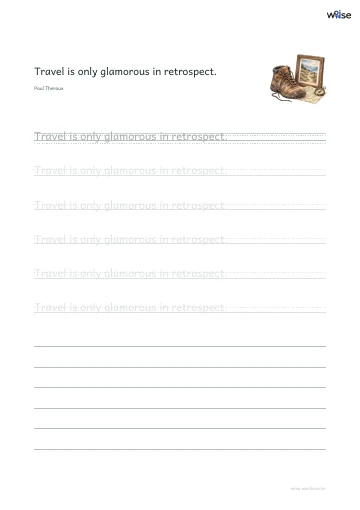 영어 따라쓰기 PDF 첫 페이지: Travel is only glamorous in retrospect.