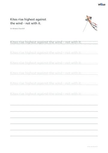 영어 따라쓰기 PDF 첫 페이지: Kites rise highest against the wind - not with it.