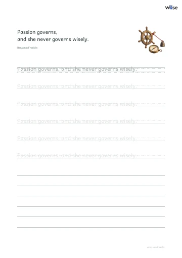 영어 따라쓰기 PDF 첫 페이지: Passion governs, and she never governs wisely.