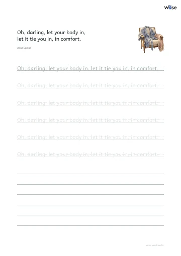 영어 따라쓰기 PDF 첫 페이지: Oh, darling, let your body in, let it tie you in, in comfort.