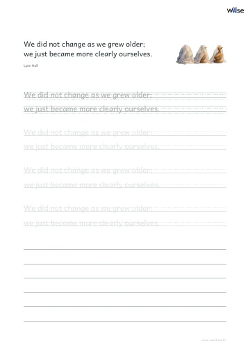 영어 따라쓰기 PDF 첫 페이지: We did not change as we grew older; we just became more clearly ourselves.
