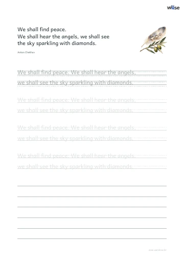 영어 따라쓰기 PDF 첫 페이지: We shall find peace. We shall hear the angels, we shall see the sky sparkling with diamonds.
