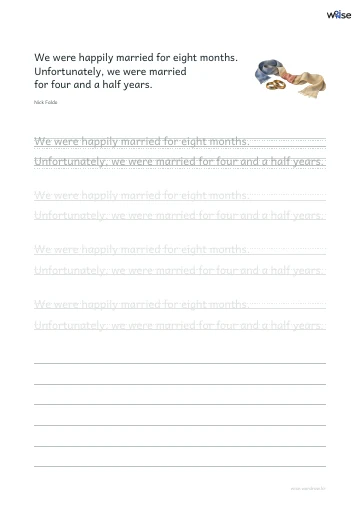 영어 따라쓰기 PDF 첫 페이지: We were happily married for eight months. Unfortunately, we were married for four and a half years.