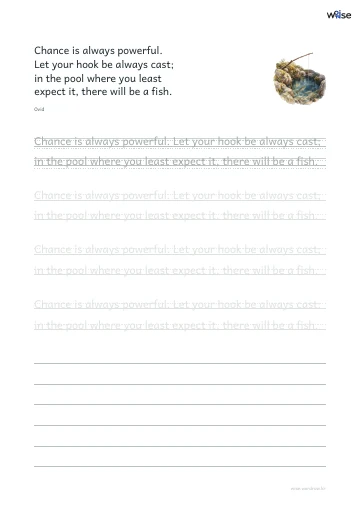 영어 따라쓰기 PDF 첫 페이지: Chance is always powerful. Let your hook be always cast; in the pool where you least expect it, there will be a fish.