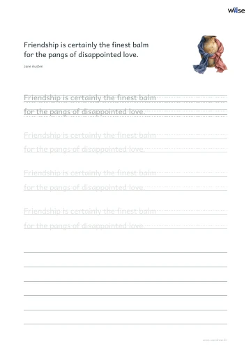 영어 따라쓰기 PDF 첫 페이지: Friendship is certainly the finest balm for the pangs of disappointed love.