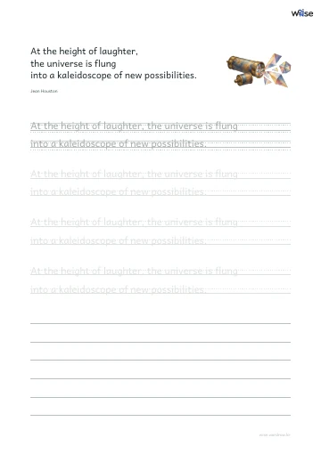 영어 따라쓰기 PDF 첫 페이지: At the height of laughter, the universe is flung into a kaleidoscope of new possibilities.