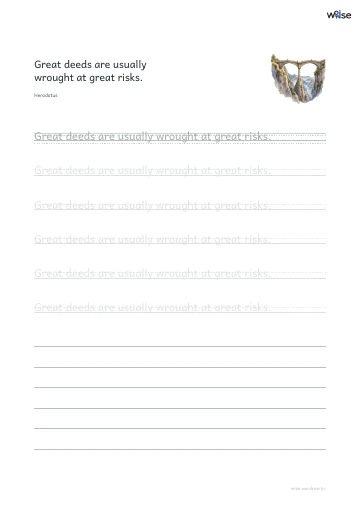 영어 따라쓰기 PDF 첫 페이지: Great deeds are usually wrought at great risks.
