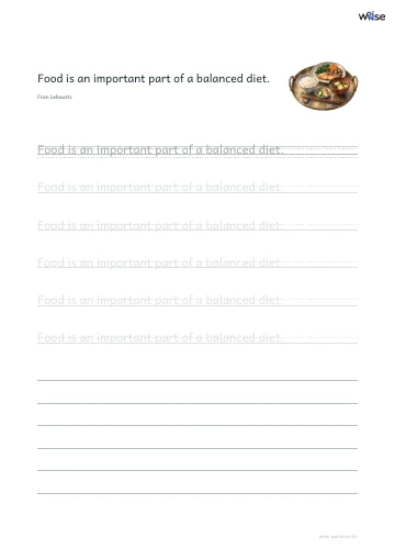 영어 따라쓰기 PDF 첫 페이지: Food is an important part of a balanced diet.