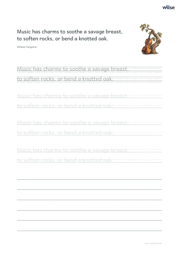 영어 따라쓰기 PDF 첫 페이지: Music has charms to soothe a savage breast, to soften rocks, or bend a knotted oak.