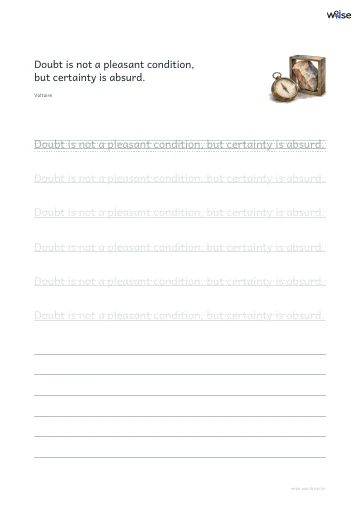 영어 따라쓰기 PDF 첫 페이지: Doubt is not a pleasant condition, but certainty is absurd.