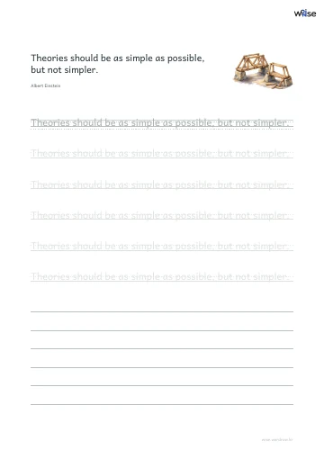 영어 따라쓰기 PDF 첫 페이지: Theories should be as simple as possible, but not simpler.