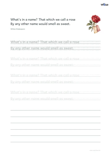 영어 따라쓰기 PDF 첫 페이지: What's in a name? That which we call a rose By any other name would smell as sweet.