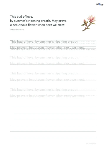 영어 따라쓰기 PDF 첫 페이지: This bud of love, by summer's ripening breath, May prove a beauteous flower when next we meet.