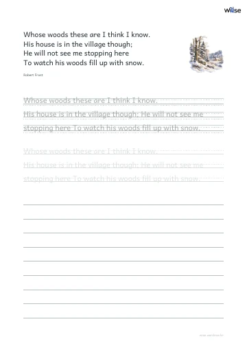 영어 따라쓰기 PDF 첫 페이지: Whose woods these are I think I know. His house is in the village though; He will not see me stopping here To watch his woods fill up with snow.