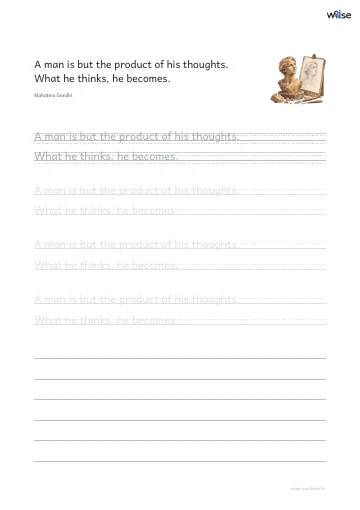 영어 따라쓰기 PDF 첫 페이지: A man is but the product of his thoughts. What he thinks, he becomes.