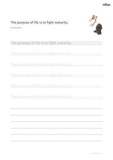 영어 따라쓰기 PDF 첫 페이지: The purpose of life is to fight maturity.