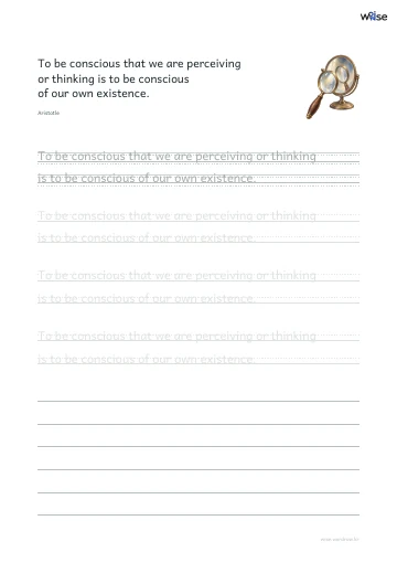 영어 따라쓰기 PDF 첫 페이지: To be conscious that we are perceiving or thinking is to be conscious of our own existence.