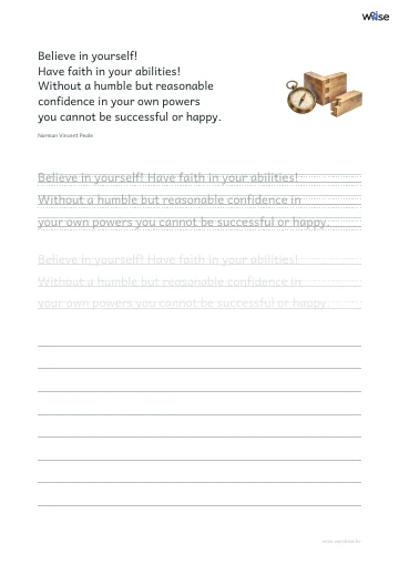 영어 따라쓰기 PDF 첫 페이지: Believe in yourself! Have faith in your abilities! Without a humble but reasonable confidence in your own powers you cannot be successful or happy.