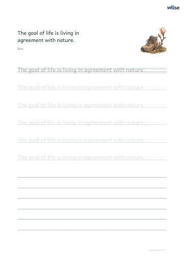 영어 따라쓰기 PDF 첫 페이지: The goal of life is living in agreement with nature.