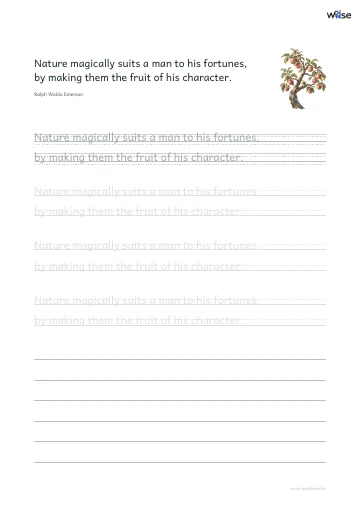 영어 따라쓰기 PDF 첫 페이지: Nature magically suits a man to his fortunes, by making them the fruit of his character.