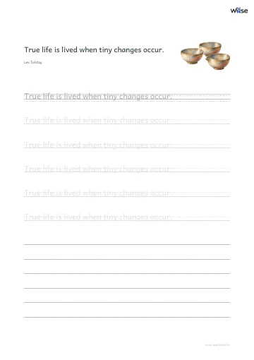 영어 따라쓰기 PDF 첫 페이지: True life is lived when tiny changes occur.