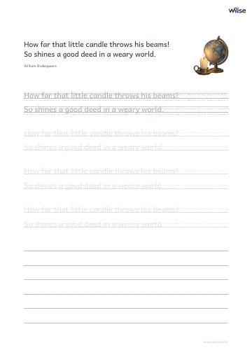 영어 따라쓰기 PDF 첫 페이지: How far that little candle throws his beams! So shines a good deed in a weary world.