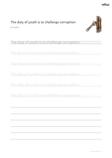 영어 따라쓰기 PDF 첫 페이지: The duty of youth is to challenge corruption.