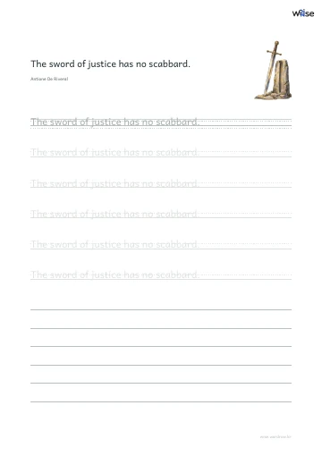 영어 따라쓰기 PDF 첫 페이지: The sword of justice has no scabbard.