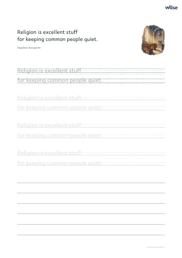 영어 따라쓰기 PDF 첫 페이지: Religion is excellent stuff for keeping common people quiet.