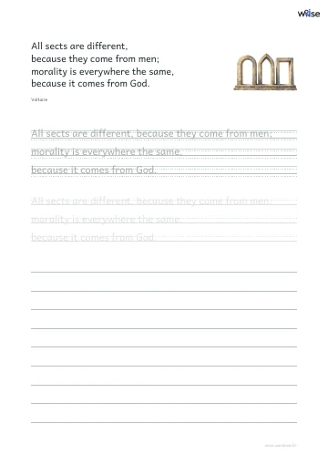 영어 따라쓰기 PDF 첫 페이지: All sects are different, because they come from men; morality is everywhere the same, because it comes from God.
