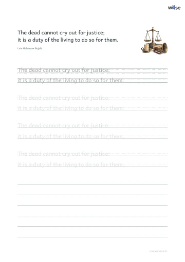 영어 따라쓰기 PDF 첫 페이지: The dead cannot cry out for justice; it is a duty of the living to do so for them.