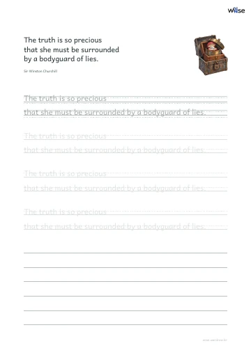 영어 따라쓰기 PDF 첫 페이지: The truth is so precious that she must be surrounded by a bodyguard of lies.