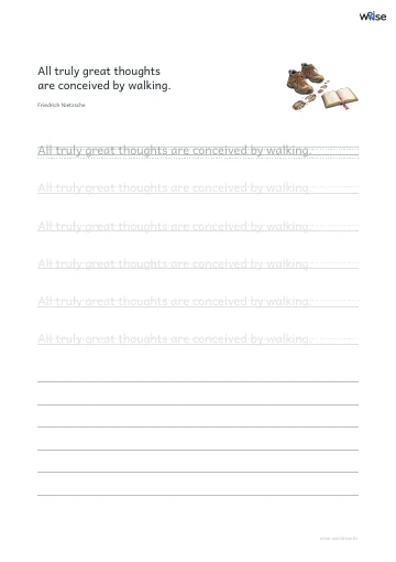 영어 따라쓰기 PDF 첫 페이지: All truly great thoughts are conceived by walking.