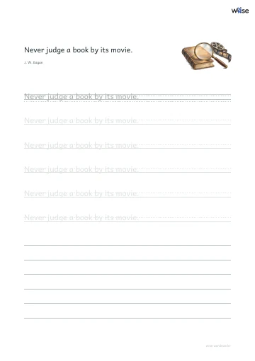 영어 따라쓰기 PDF 첫 페이지: Never judge a book by its movie.