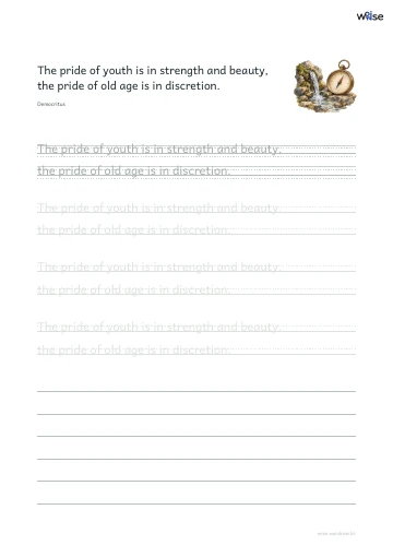 영어 따라쓰기 PDF 첫 페이지: The pride of youth is in strength and beauty, the pride of old age is in discretion.